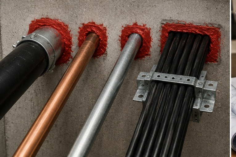 Representative firestop installation showing red firestop material around building penetrations